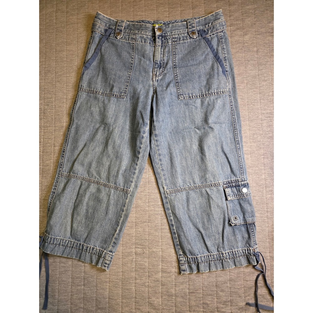 1429 Sigrid Olsen Blue Denim Cargo Capri Pants Wide Leg Drawstring Hem Womens 8